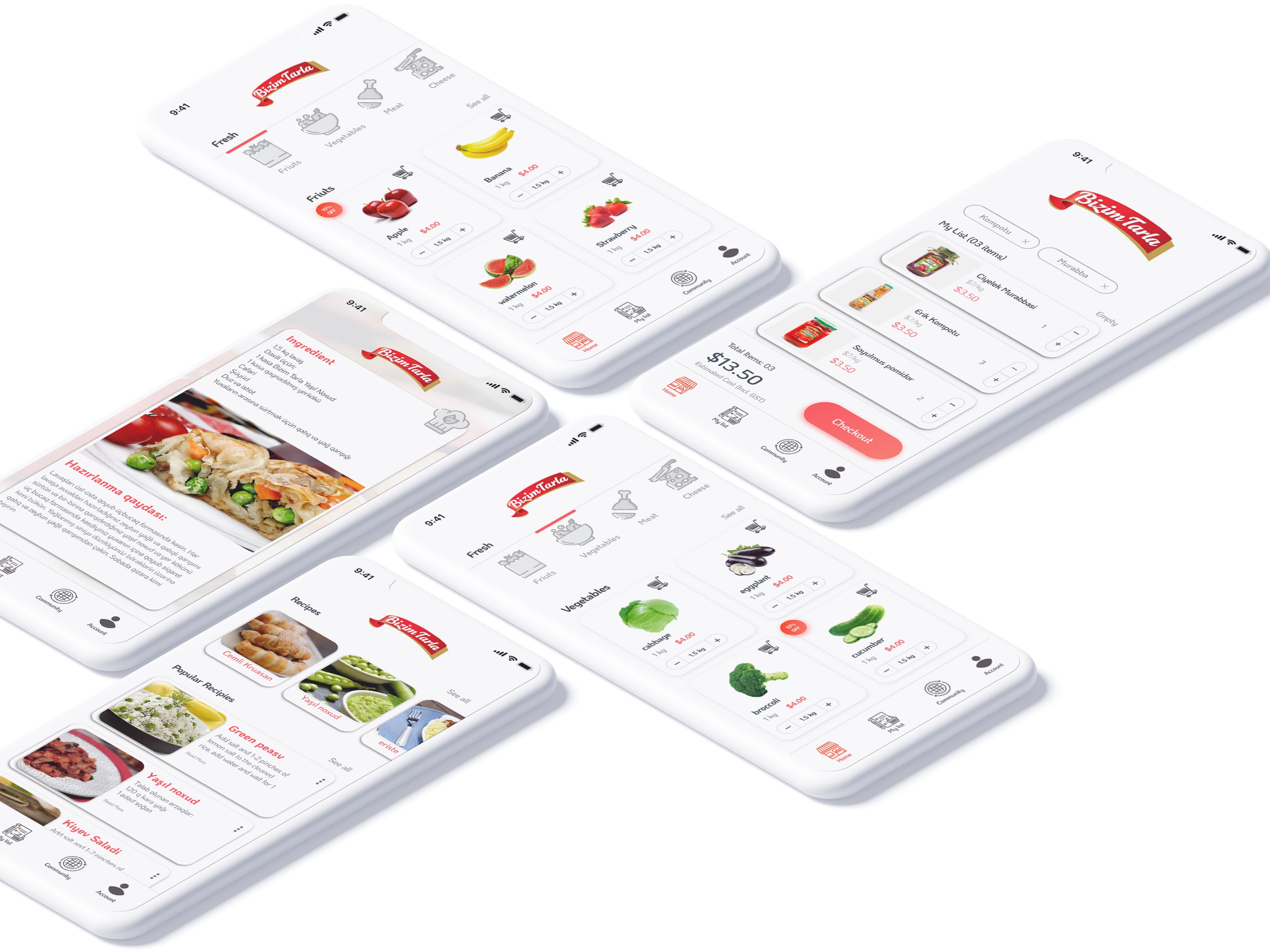 Bizim Tarla — All key screens isometric overview